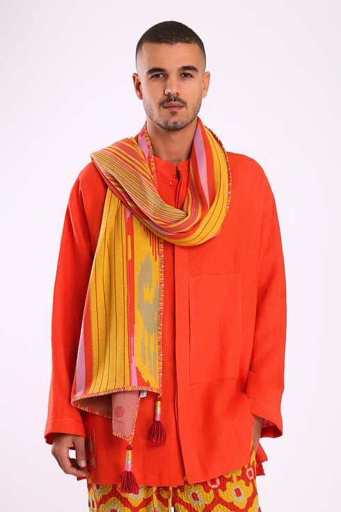 Shawl in striped jacquard cotton blend with tassels